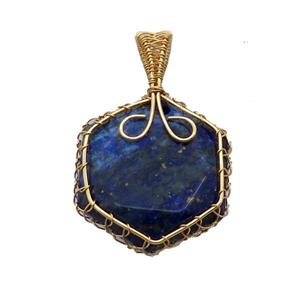 Blue Lapis Lazuli Hexagon Pendant Wire Wrapped, approx 25mm
