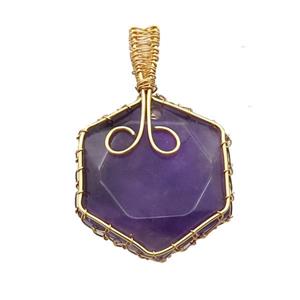 Purple Amethyst Hexagon Pendant Wire Wrapped, approx 25mm