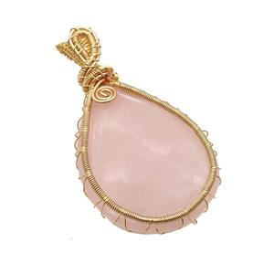 Pink Rose Quartz Teardrop Pendant Wire Wrapped, approx 30-40mm