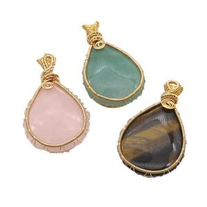 Mix Gemstone Teardrop Pendant Wire Wrapped, approx 30-40mm