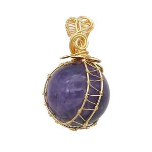 Purple Amethyst Pendant Round Wire Wrapped, approx 25-30mm