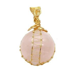 Pink Rose Quartz Pendant Round Wire Wrapped, approx 25-30mm
