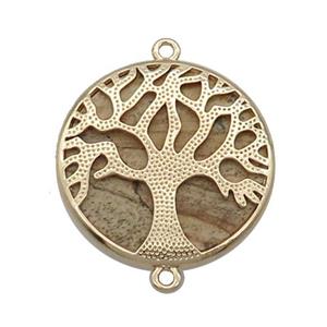 Picture Jasper Copper Connector Tree Of Life Circle Gold Plated, approx 27mm dia