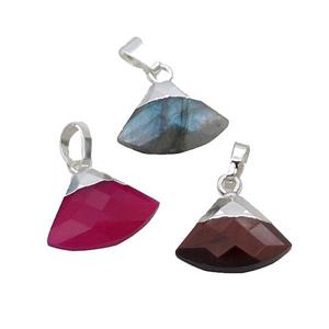 Mix Gemstone Fan Pendant Silver Plated, approx 11-16mm