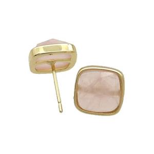 Copper Stud Earring Pave Rose Quartz Square Gold Plated, approx 10mm