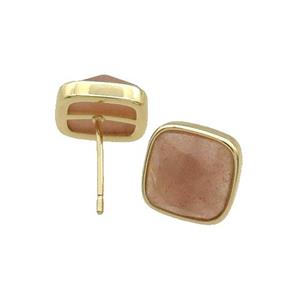 Copper Stud Earring Pave Peach Moonstoe Square Gold Plated, approx 10mm