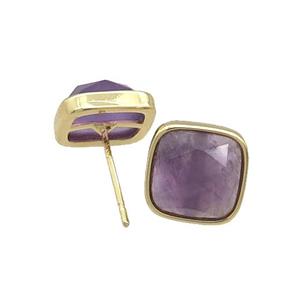 Copper Stud Earring Pave Purple Amethyst Square Gold Plated, approx 10mm
