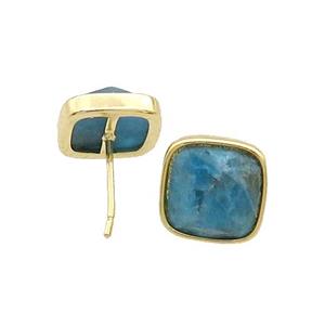 Copper Stud Earring Pave Blue Apatite Square Gold Plated, approx 10mm