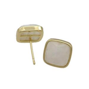 Copper Stud Earring Pave White Moonstone Square Gold Plated, approx 10mm