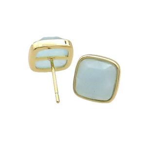 Copper Stud Earring Pave Blue Amazonite Square Gold Plated, approx 10mm