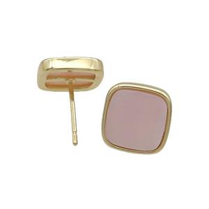 Copper Stud Earring Pave Pink Shell Square Gold Plated, approx 10mm
