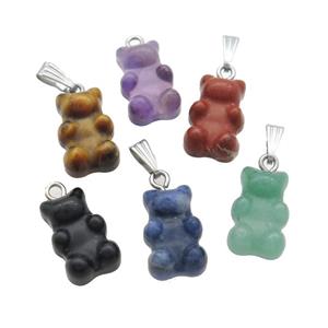 Mix Gemstone Bear Pendant, approx 11-18mm
