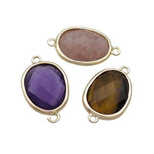 Mix Gemstone Connector Faceted Oval Gold Plated, approx 13-16mm