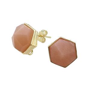 Peach Moonstone Hexagon Stud Earring Copper Gold Plated, approx 10mm