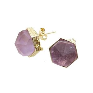Purple Amethyst Hexagon Stud Earring Copper Gold Plated, approx 10mm