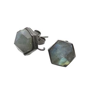 Labradorite Hexagon Stud Earring Copper Black Plated, approx 10mm