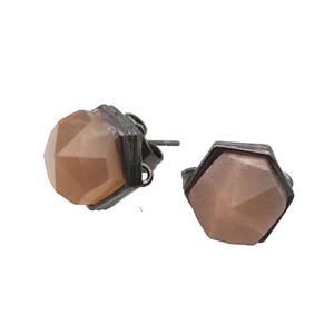 Peach Moonstone Hexagon Stud Earring Copper Black Plated, approx 10mm