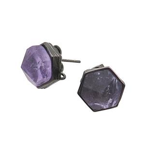 Purple Amethyst Hexagon Stud Earring Copper Black Plated, approx 10mm