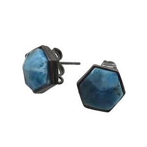 Blue Apatite Hexagon Stud Earring Copper Black Plated, approx 10mm