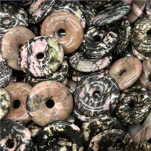 Natural Rhodonite Donut Pendant Pink Black, approx 30mm