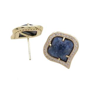 Blue Sodalite Stud Earring Copper Pave Zircon Gold Plated, approx 18mm