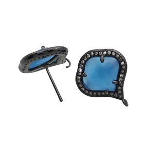 Blue Cat Eye Glass Stud Earring Copper Pave Zircon With Loop Black Plated, approx 18mm