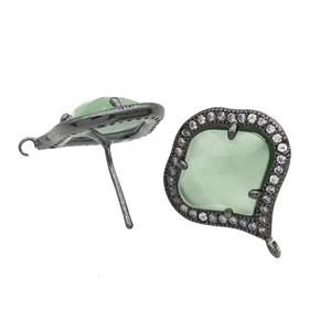 Lt.Green Cat Eye Glass Stud Earring Copper Pave Zircon With Loop Black Plated, approx 18mm