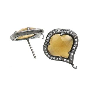 Yellow Cat Eye Glass Stud Earring Copper Pave Zircon With Loop Black Plated, approx 18mm