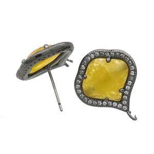 Gold Jade Stud Earring Copper Pave Zircon With Loop Black Plated, approx 18mm