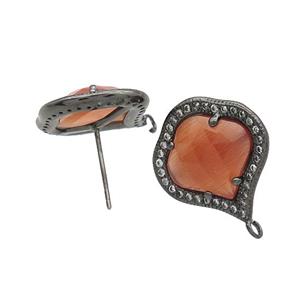 Red Cat Eye Glass Stud Earring Copper Pave Zircon With Loop Black Plated, approx 18mm