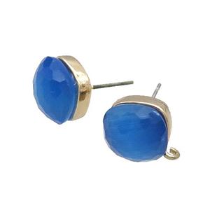 Skyblue Cat Eye Glass Stud Earring Copper Loop Gold Plated, approx 11x11mm