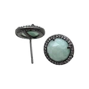 Green Amazonite Stud Earring Copper Pave Zircon Circle Black Plated, approx 13mm