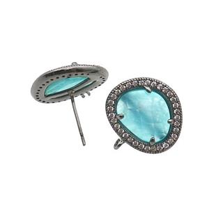 Aqua Jade Stud Earring Copper Pave Zircon With Loop Black Plated, approx 15-18mm