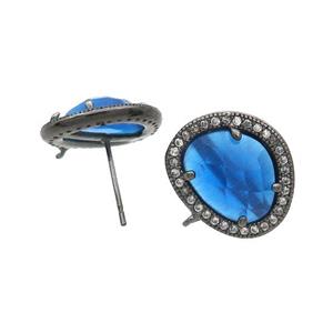 Blue Jade Stud Earring Copper Pave Zircon With Loop Black Plated, approx 15-18mm