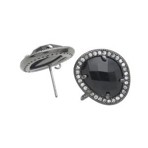 Black Cat Eye Glass Stud Earring Copper Pave Zircon With Loop Black Plated, approx 15-18mm