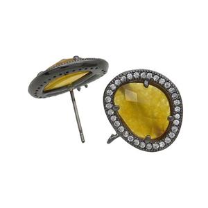 Yellow Jade Stud Earring Copper Pave Zircon With Loop Black Plated, approx 15-18mm