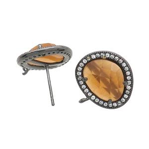 Orange Cat Eye Glass Stud Earring Copper Pave Zircon With Loop Black Plated, approx 15-18mm
