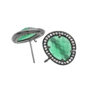Green Jade Stud Earring Copper Pave Zircon With Loop Black Plated, approx 15-18mm