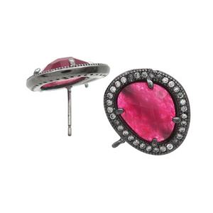 Red Jade Stud Earring Copper Pave Zircon With Loop Black Plated, approx 15-18mm