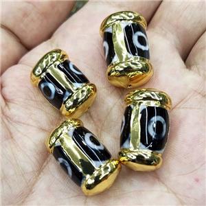 Tibetan Agate Beads Barrel Evil Eye Gold Plated, approx 13-22mm