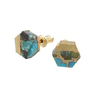 Natural Turquoise Stud Earring Hexagon Gold Plated, approx 8-9mm