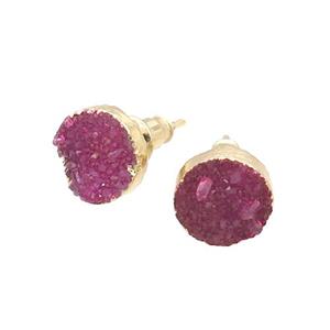 Pink Agate Druzy Stud Earring Circle Dye Gold Plated, approx 8mm