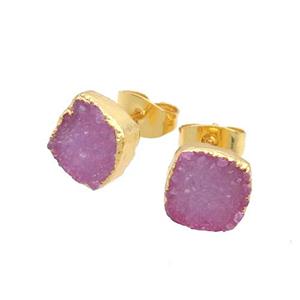 Pink Agate Druzy Stud Earring Square Dye Gold Plated, approx 8mm