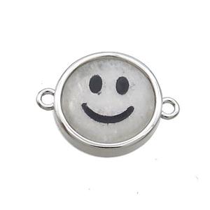 Clear Quartz Emoji Connector Smileface Circle Platinum Plated, approx 15mm dia