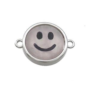 Rose Quartz Emoji Connector Smileface Circle Platinum Plated, approx 15mm dia