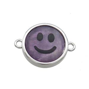 Purple Amethyst Emoji Connector Smileface Circle Platinum Plated, approx 15mm dia
