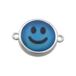 Blue Agate Dye Emoji Connector Smileface Circle Platinum Plated, approx 15mm dia