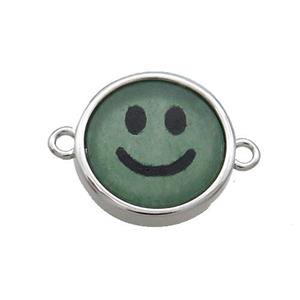 Green Aventurine Emoji Connector Smileface Circle Platinum Plated, approx 15mm dia