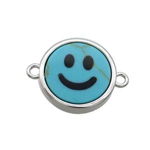 Blue Turquoise Emoji Connector Dye Smileface Circle Platinum Plated, approx 15mm dia