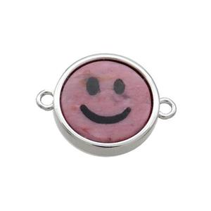 Pink Rhodonite Emoji Connector Smileface Circle Platinum Plated, approx 15mm dia